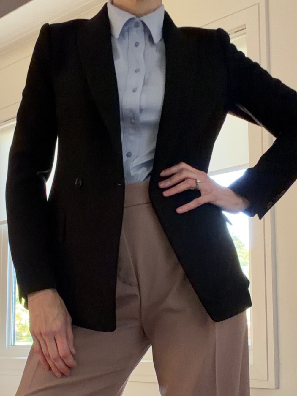 Club Monaco Black Double-Breasted Blazer | Size 0 | Tailored Stretch Jacket